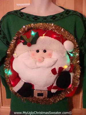Tacky 3D Ugly Christmas Vintage Green Sweater Puffy Santa with Lights (A36)