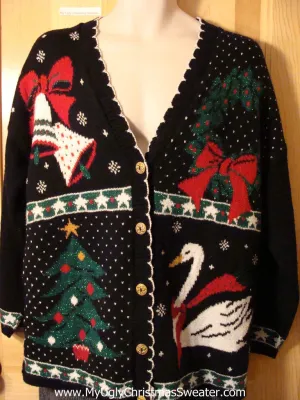 Tacky 80s Ugly Christmas Sweater with Wreath, Bells, Goose, and Tree (f588)