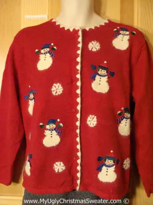 Tacky Cheesy Red Holiday Sweater with Festive Snowman Friends (f1193)