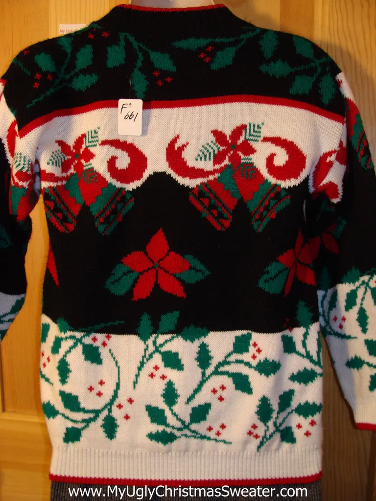 Tacky Classic 80s Ugly Christmas Sweater with Poinsettias and Ivy on Front, Back, and Sleeves (f661)
