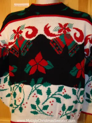 Tacky Classic 80s Ugly Christmas Sweater with Poinsettias and Ivy on Front, Back, and Sleeves (f661)
