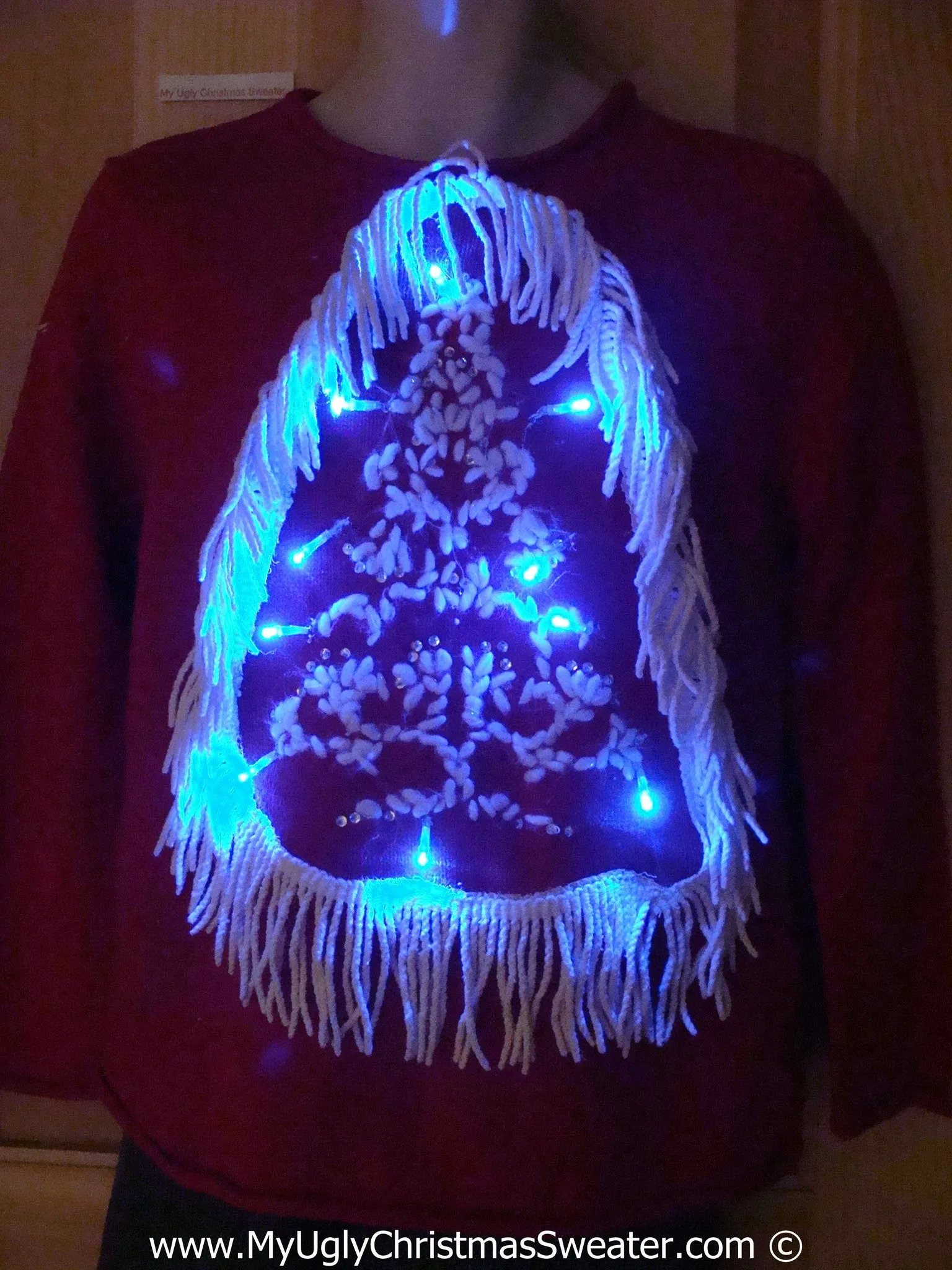 Tacky Red Xmas Sweater with Lights Tree with Dangling Fringe (g166)
