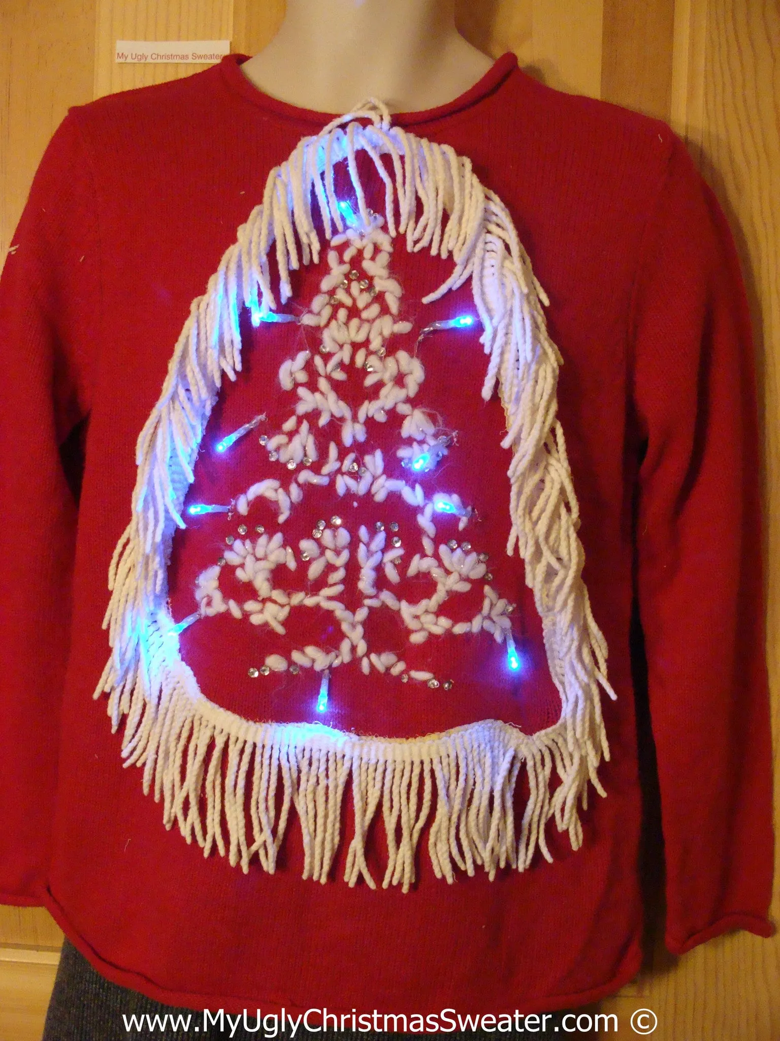 Tacky Red Xmas Sweater with Lights Tree with Dangling Fringe (g166)