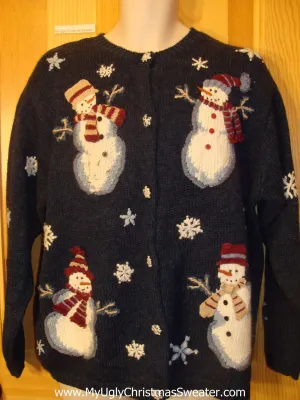 Ugly Blue Christmas Sweater Snowmen and Snowflakes