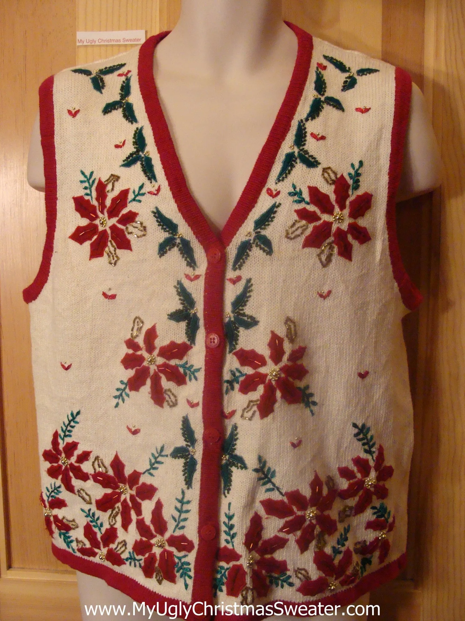 Ugly Cheap Christmas Sweater Vest Corny Pointsettias
