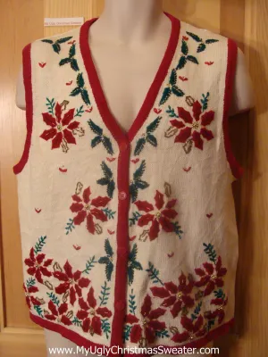 Ugly Cheap Christmas Sweater Vest Corny Pointsettias