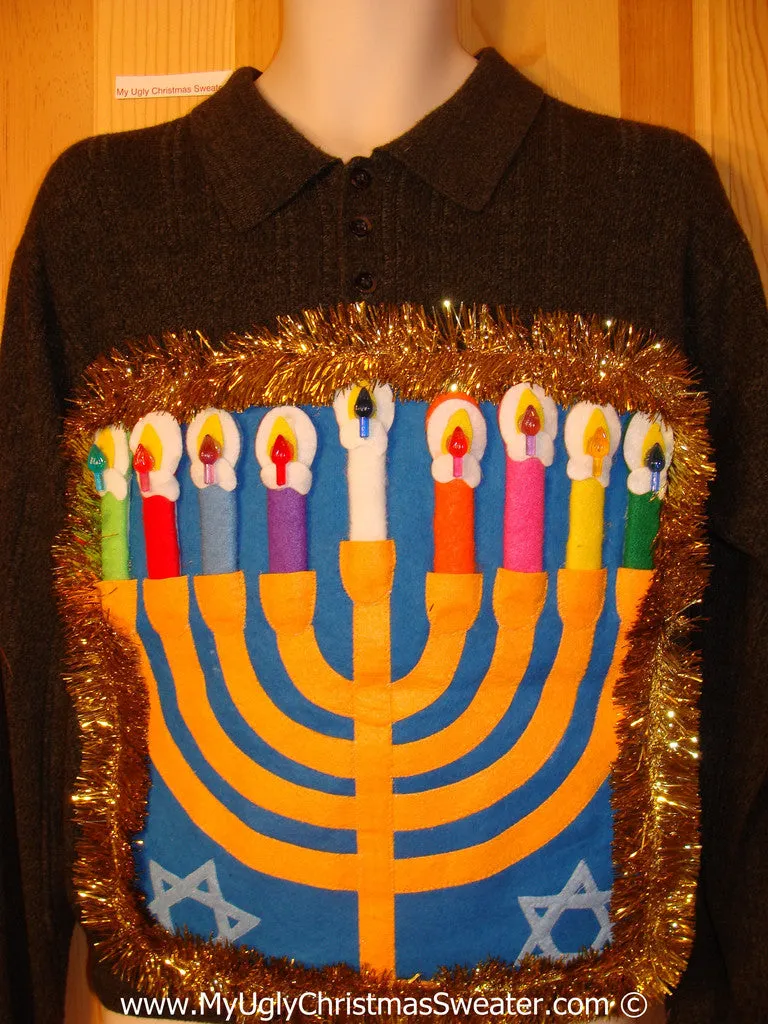 Ugly Christmas Sweater Party Hanukkah Sweater Mens with Menorah (j233)