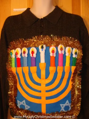 Ugly Christmas Sweater Party Hanukkah Sweater Mens with Menorah (j233)
