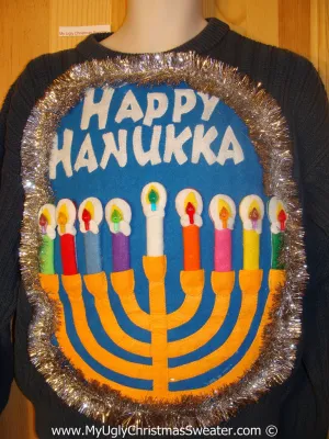 Ugly Christmas Sweater Party Hanukkah Sweater Mens with Menorah (j264)