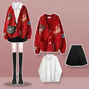 Vibrant Graphic Letter Embroidery Three-Piece Set in Red