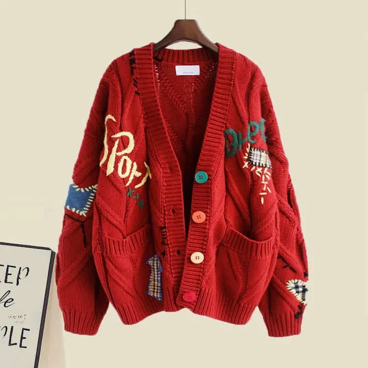 Vibrant Graphic Letter Embroidery Three-Piece Set in Red