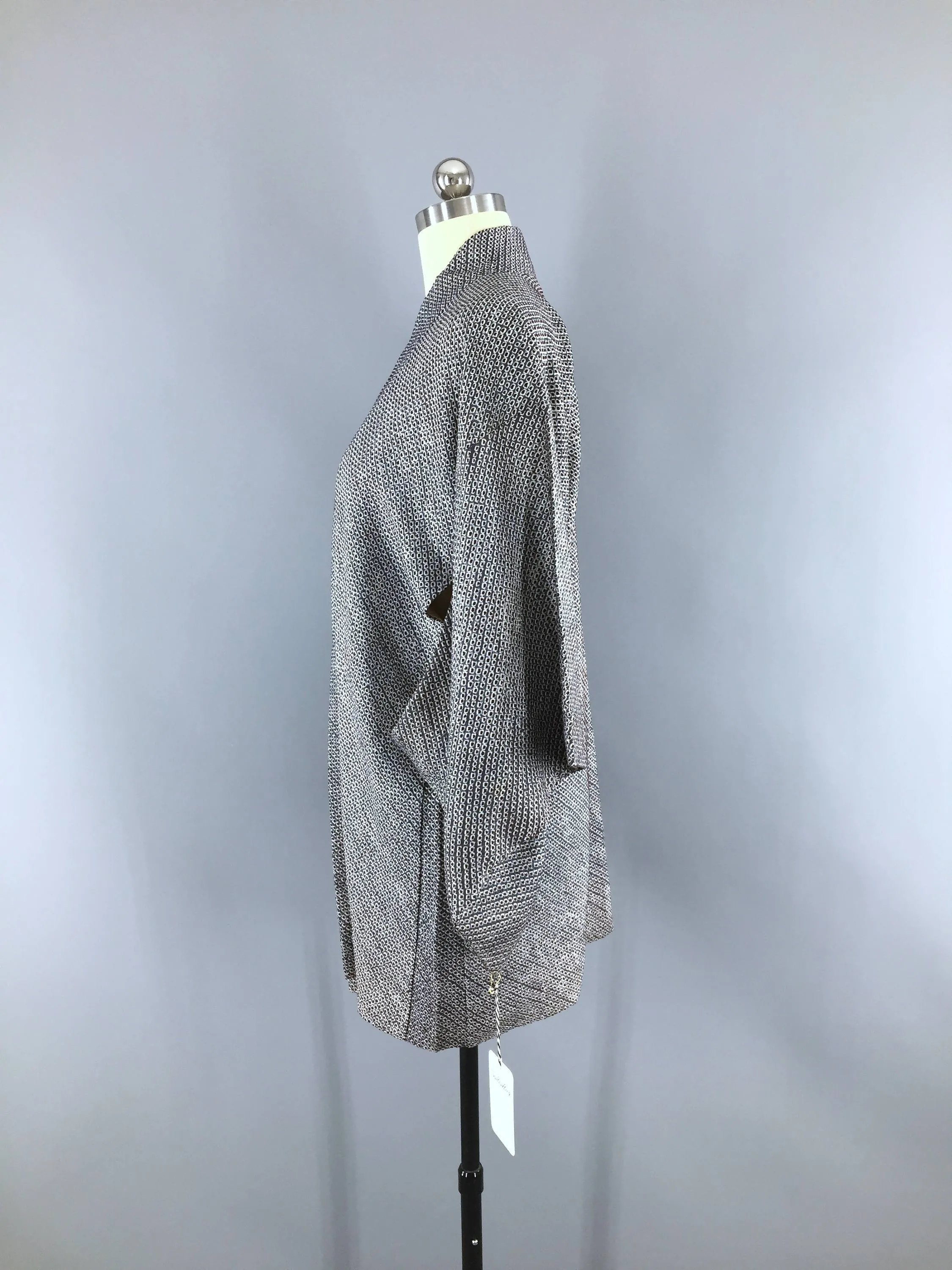 Vintage Silk Kimono Jacket Cardigan / Slate Blue Maroon White Shibori