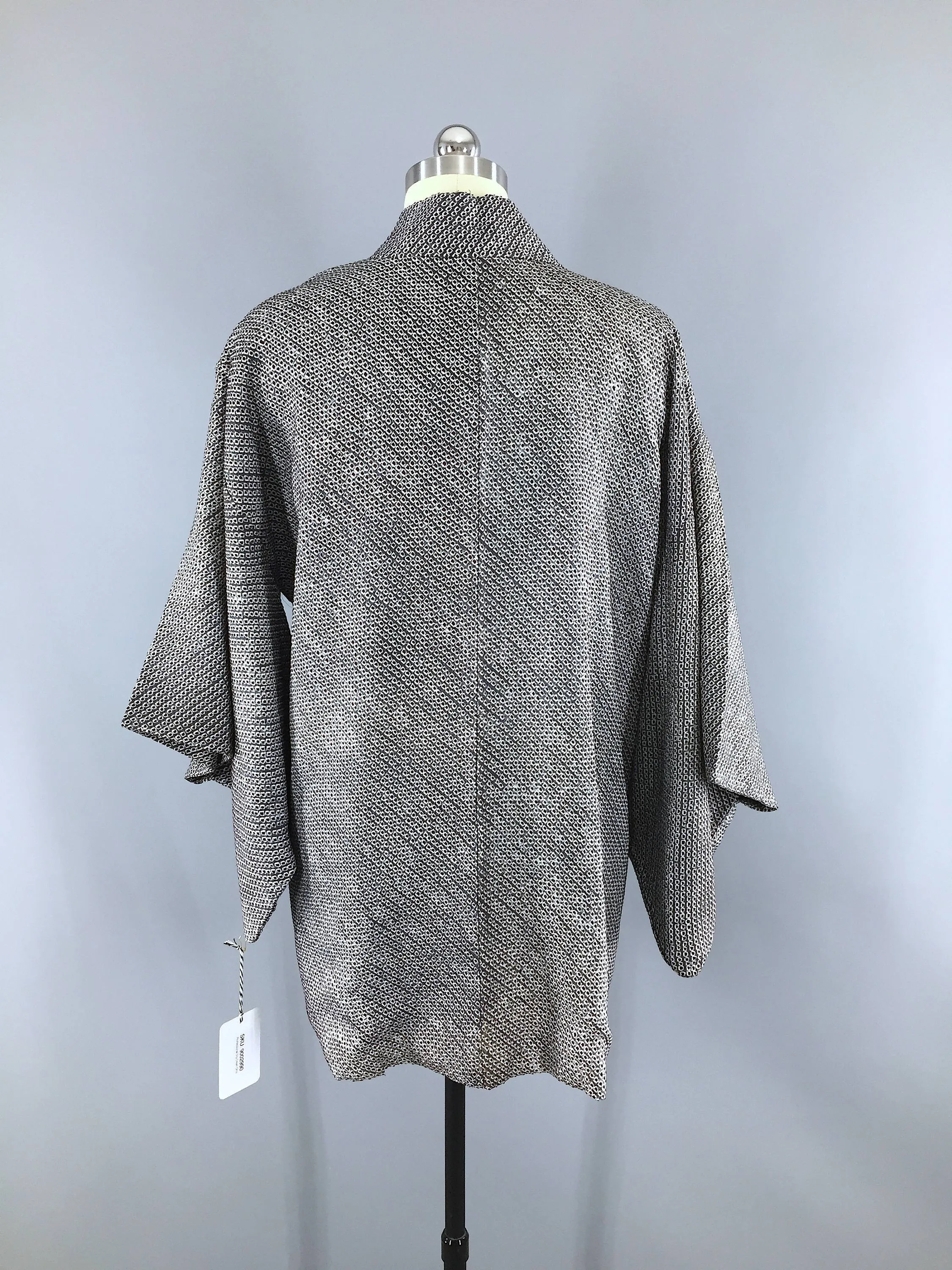 Vintage Silk Kimono Jacket Cardigan / Slate Blue Maroon White Shibori