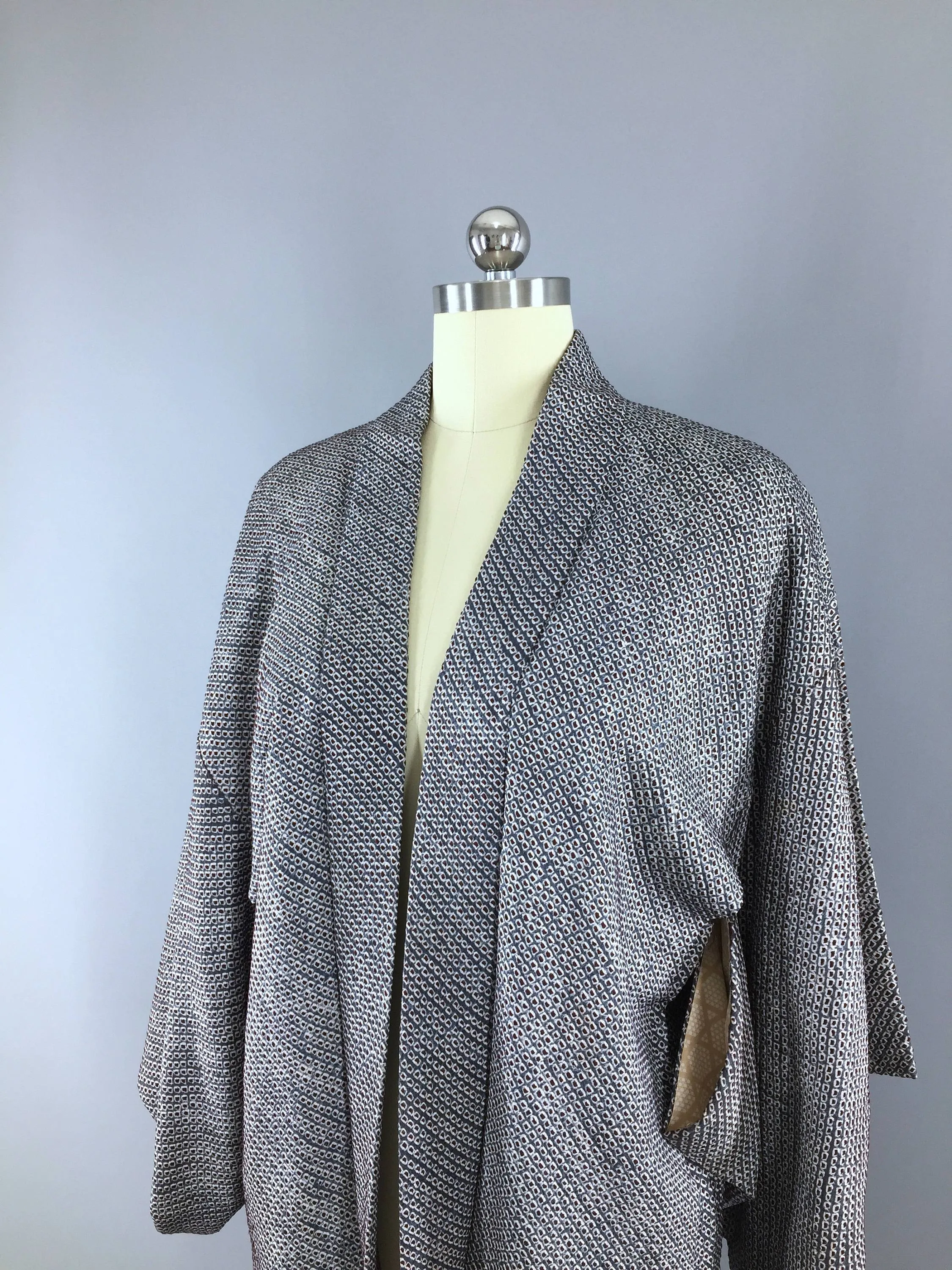 Vintage Silk Kimono Jacket Cardigan / Slate Blue Maroon White Shibori