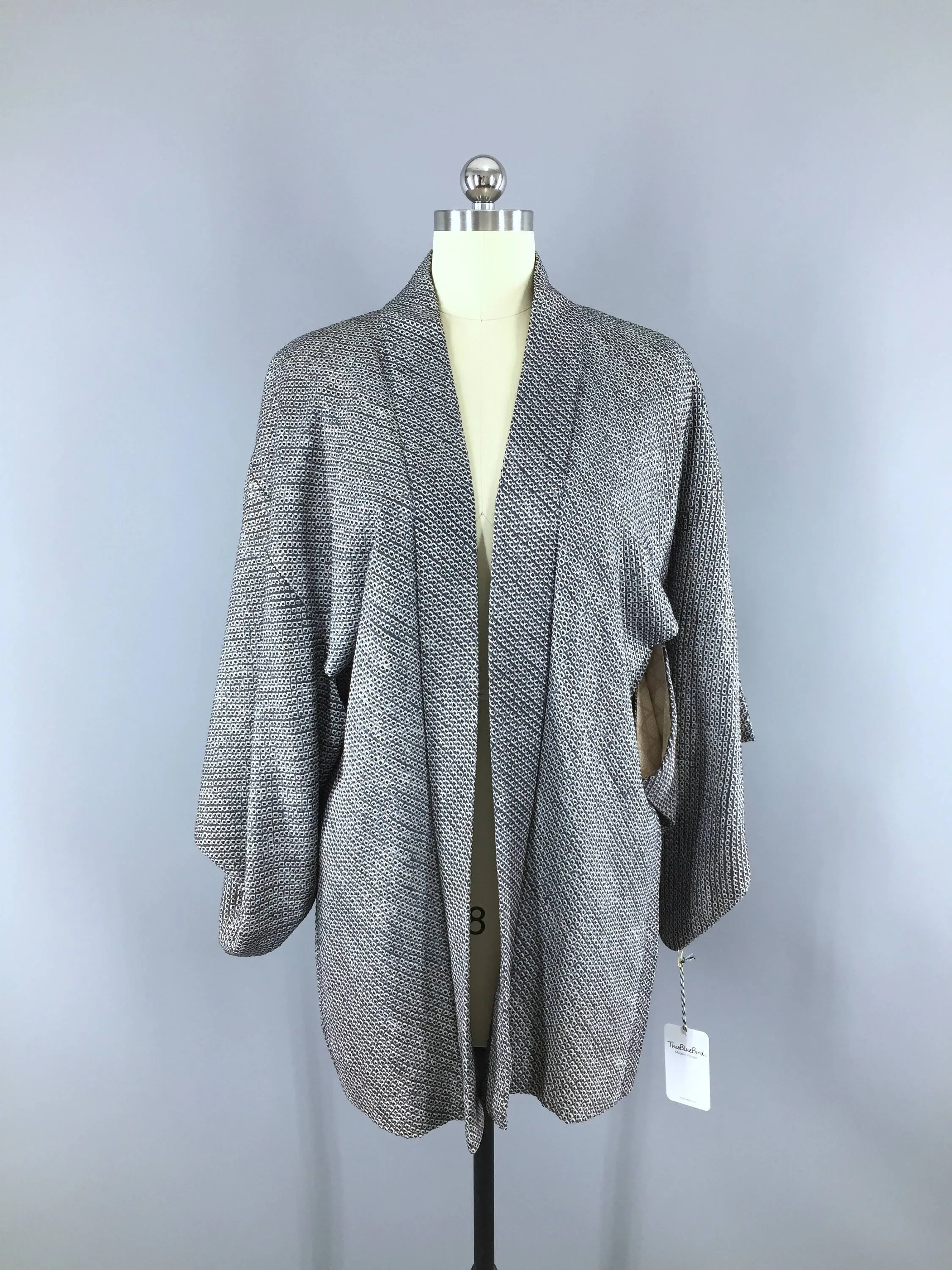 Vintage Silk Kimono Jacket Cardigan / Slate Blue Maroon White Shibori