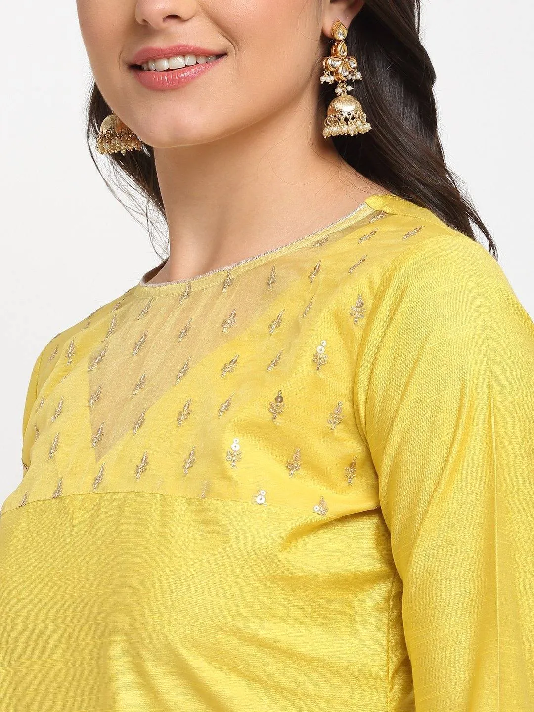 Yellow  Straight Kurti Pants Suit Set with Dupatta